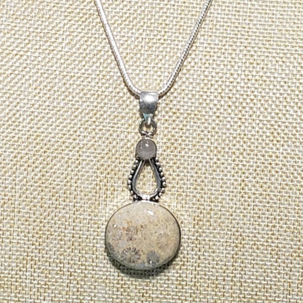 Coral necklace, 925 silver fossil coral rose quartz unisex pendant necklace